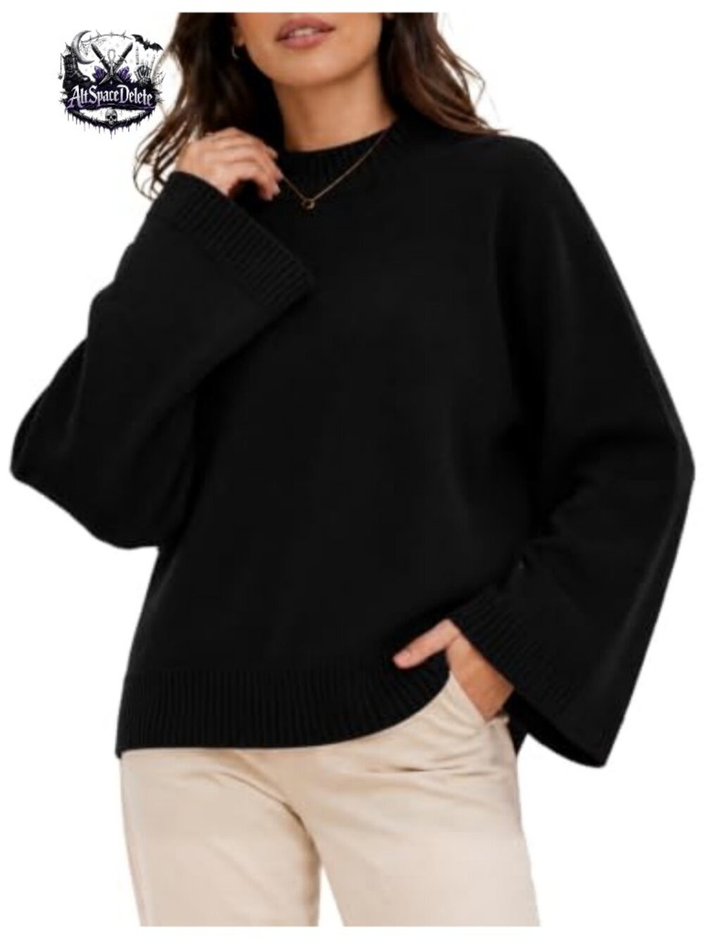 Wide Fit Batwing Sleeve Knit Pullover Sweater Mock Neck Cropped